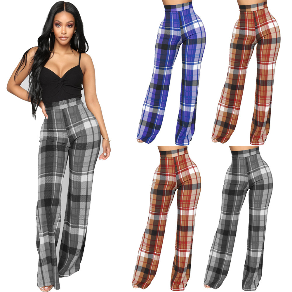 Unlimon's New Fashion Three Color Checkered Printed Wide Leg Pants Women's Casual Pants D01511