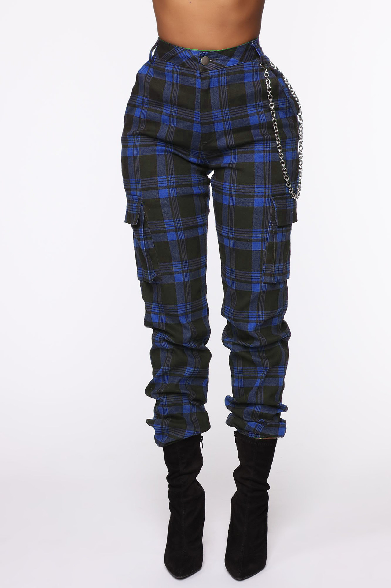 Unlimon's New Pop Fashion Check And Chain Accessories Harlan Pants Women's Casual Pants D01510