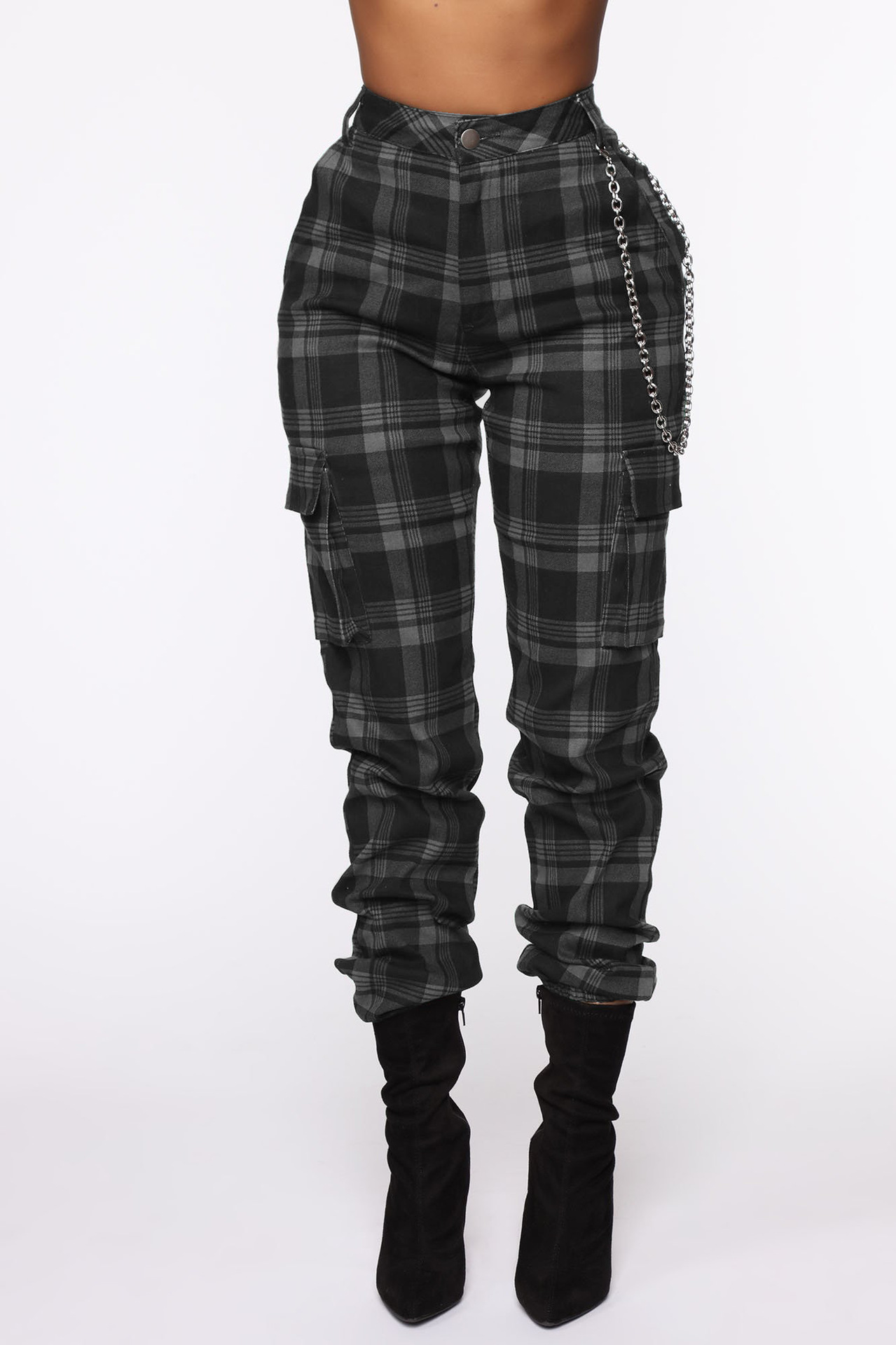 Unlimon's New Pop Fashion Check And Chain Accessories Harlan Pants Women's Casual Pants D01510