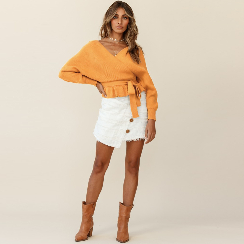 Unlimon Long Sleeve Sweater Coat 2021 Autumn Winter New Women's Autumn Winter Short Pullover Sexy V-neck Knit Top C03724