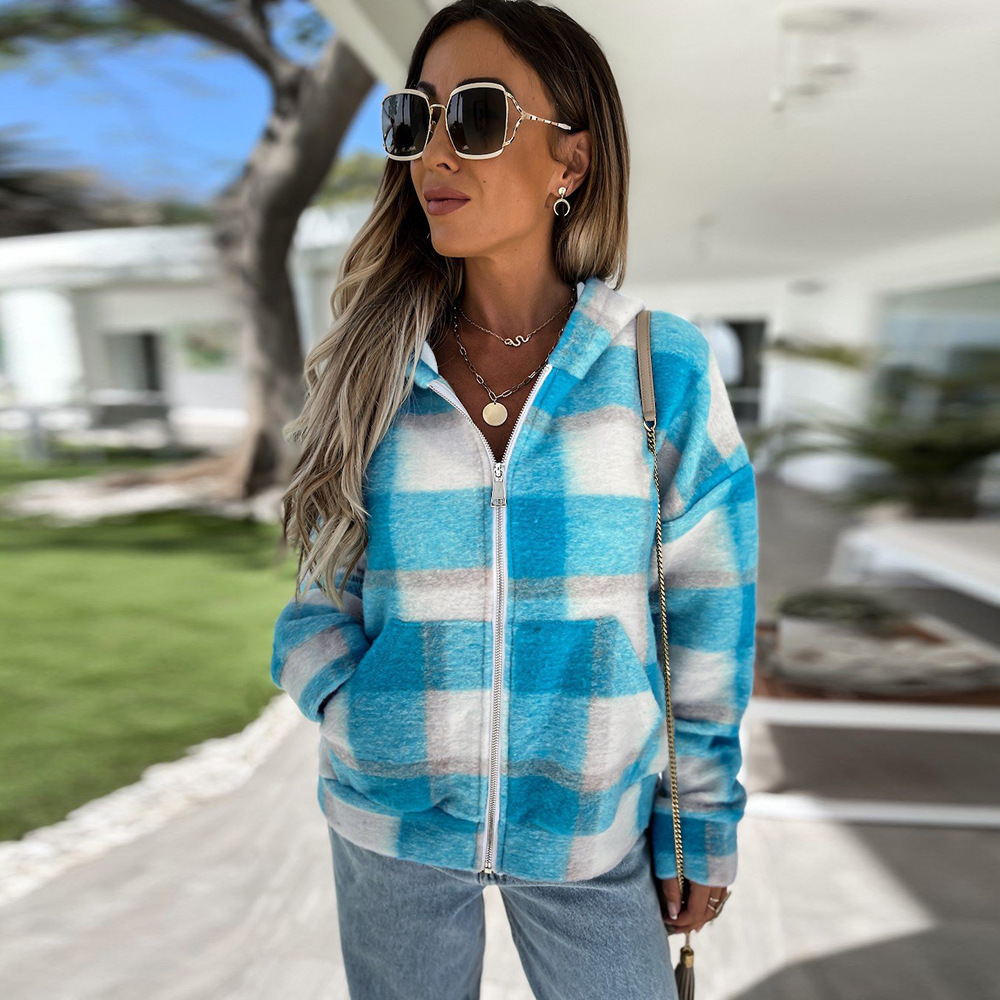 Unlimon 2021 Autumn Winter New Loose Plaid Plush Multicolor Hoodie Jacket Zipper Warm Women's Top C03722
