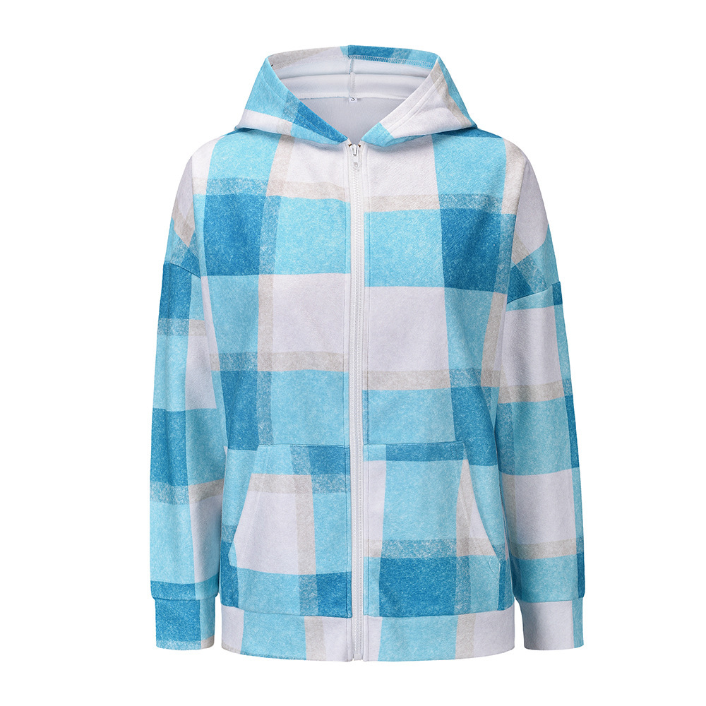 Unlimon 2021 Autumn Winter New Loose Plaid Plush Multicolor Hoodie Jacket Zipper Warm Women's Top C03722