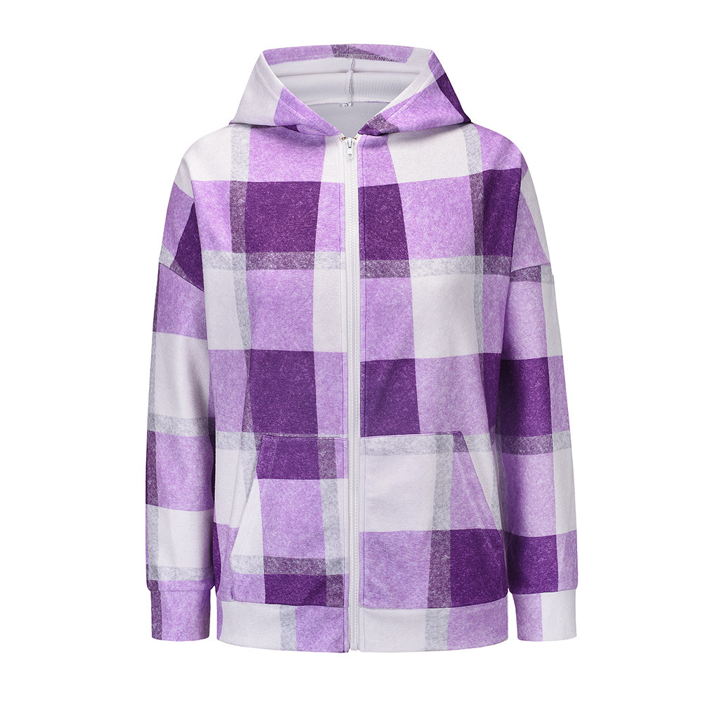 Unlimon 2021 Autumn Winter New Loose Plaid Plush Multicolor Hoodie Jacket Zipper Warm Women's Top C03722