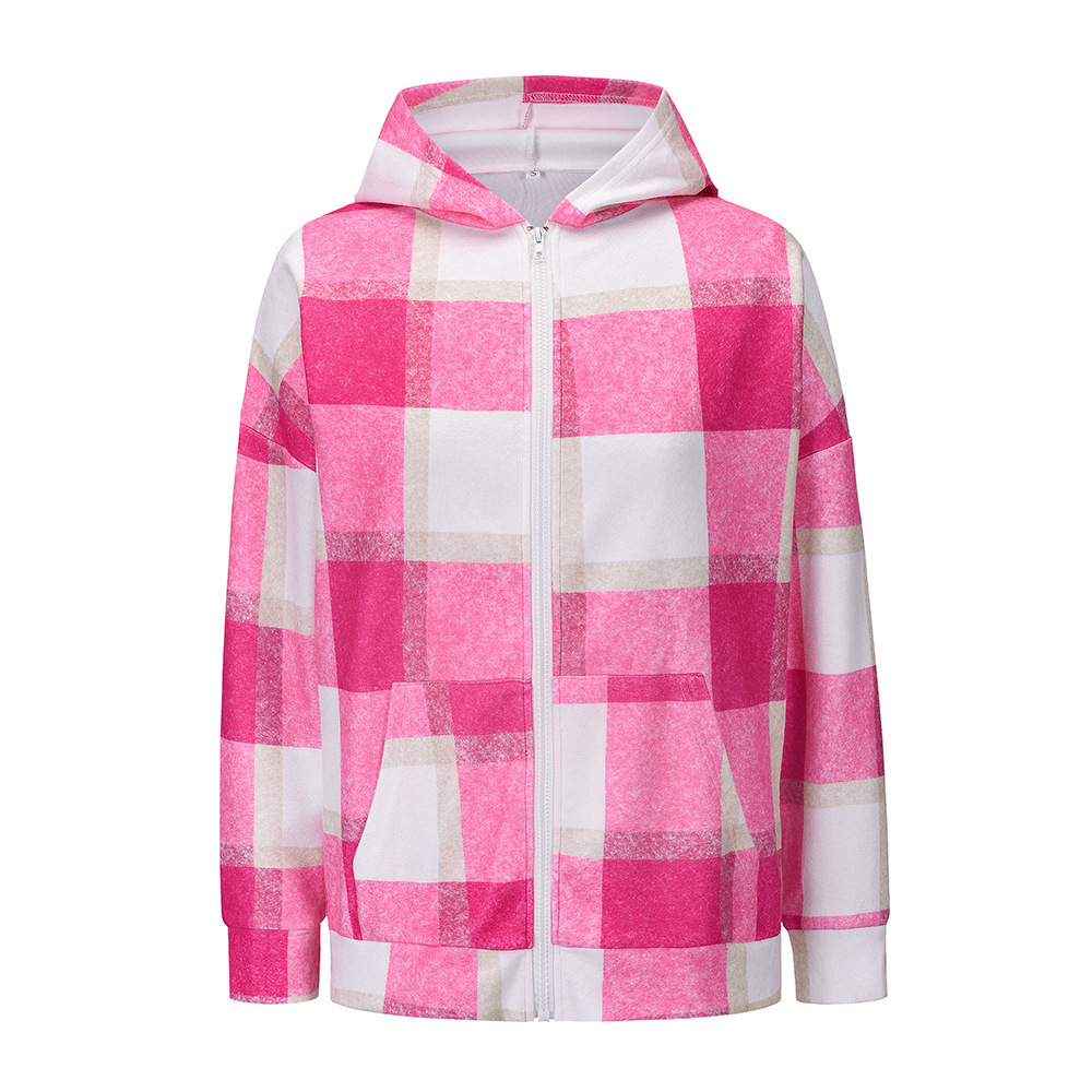 Unlimon 2021 Autumn Winter New Loose Plaid Plush Multicolor Hoodie Jacket Zipper Warm Women's Top C03722