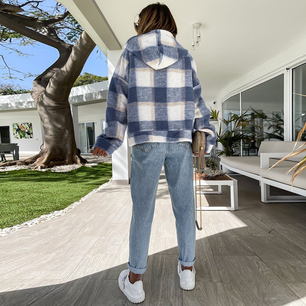 Unlimon 2021 Autumn Winter New Loose Plaid Plush Multicolor Hoodie Jacket Zipper Warm Women's Top C03722