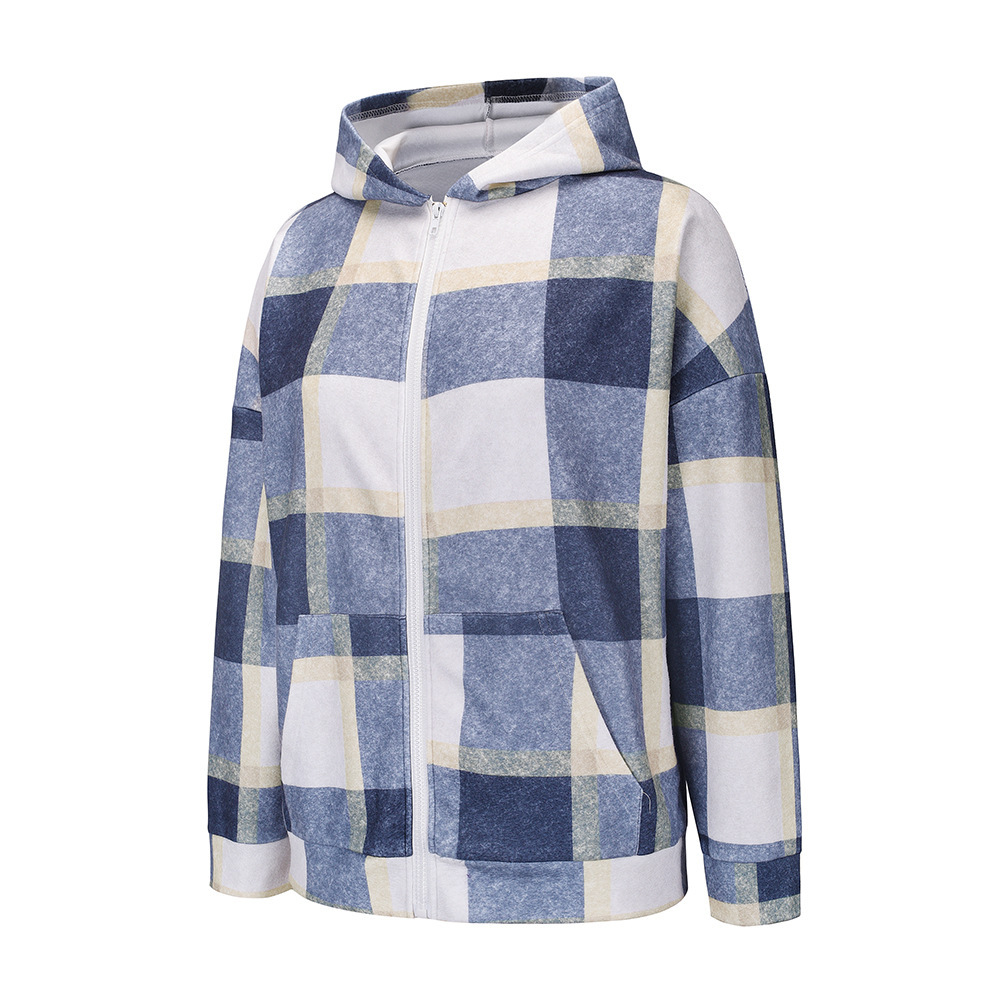 Unlimon 2021 Autumn Winter New Loose Plaid Plush Multicolor Hoodie Jacket Zipper Warm Women's Top C03722
