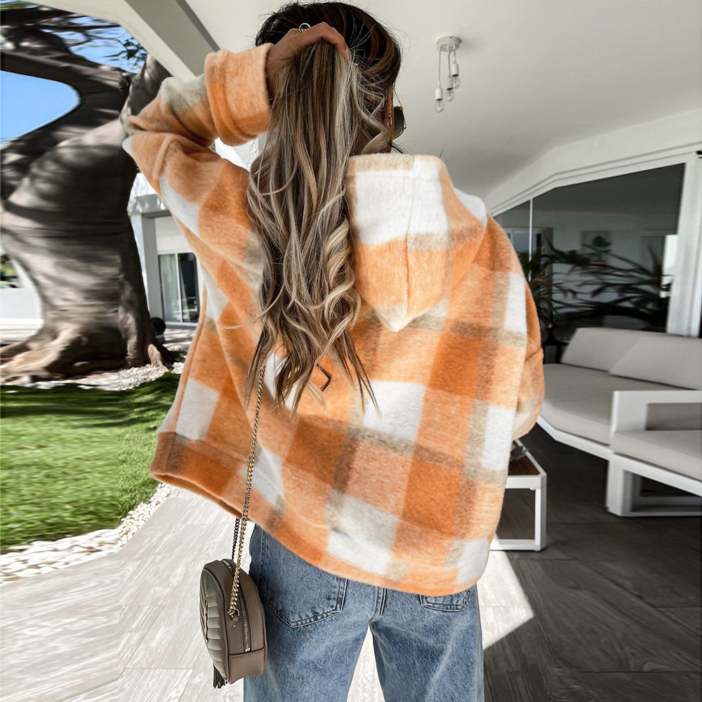 Unlimon 2021 Autumn Winter New Loose Plaid Plush Multicolor Hoodie Jacket Zipper Warm Women's Top C03722