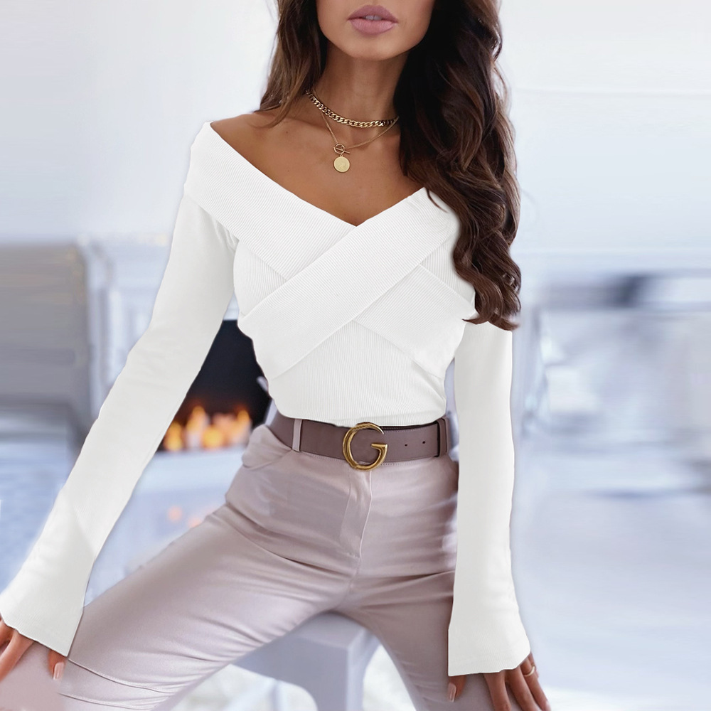 Unlimon 2021 Early Fall New Sexy Double V-neck T-shirt Short Long Sleeve Bottomed Shirt Top C03720