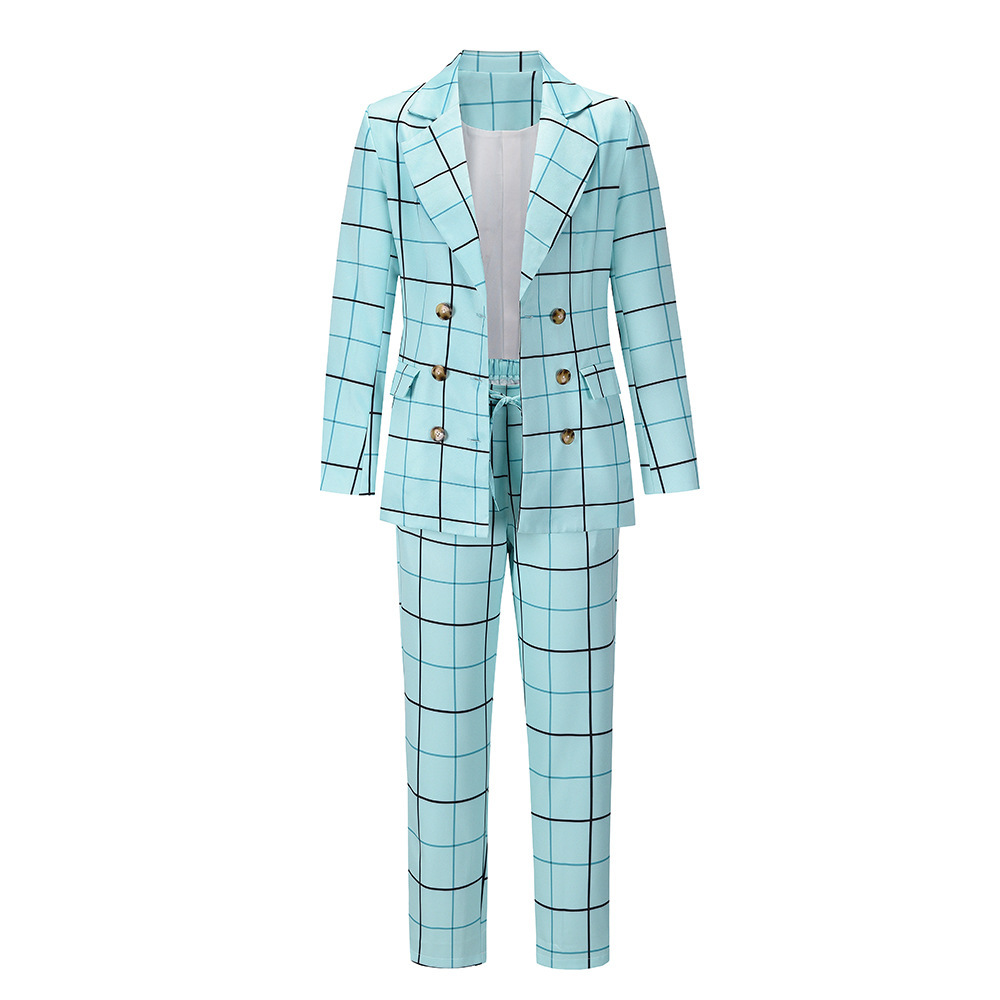 Unlimon 2021 Autumn And Winter Plaid Small Coat Suit Set Leisure Temperament Double Breasted Suit Set Large Female E01F516