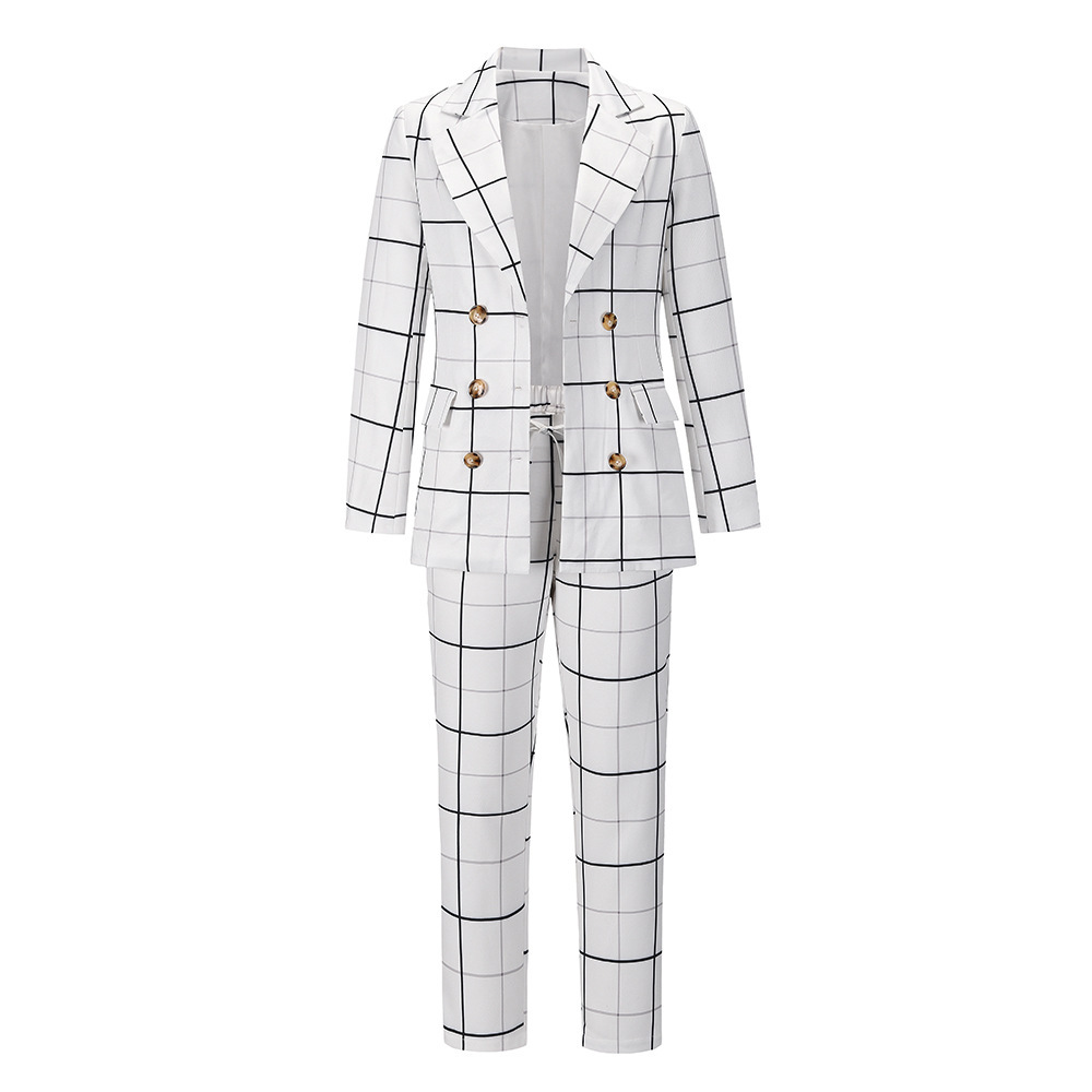 Unlimon 2021 Autumn And Winter Plaid Small Coat Suit Set Leisure Temperament Double Breasted Suit Set Large Female E01F516