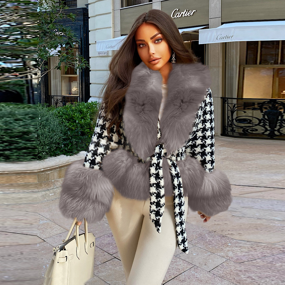 Unlimon Women's Thousand Bird Check Short Fur Coat Winter Cotton Padded Thickened Slim Lace Up Coat Top C05004