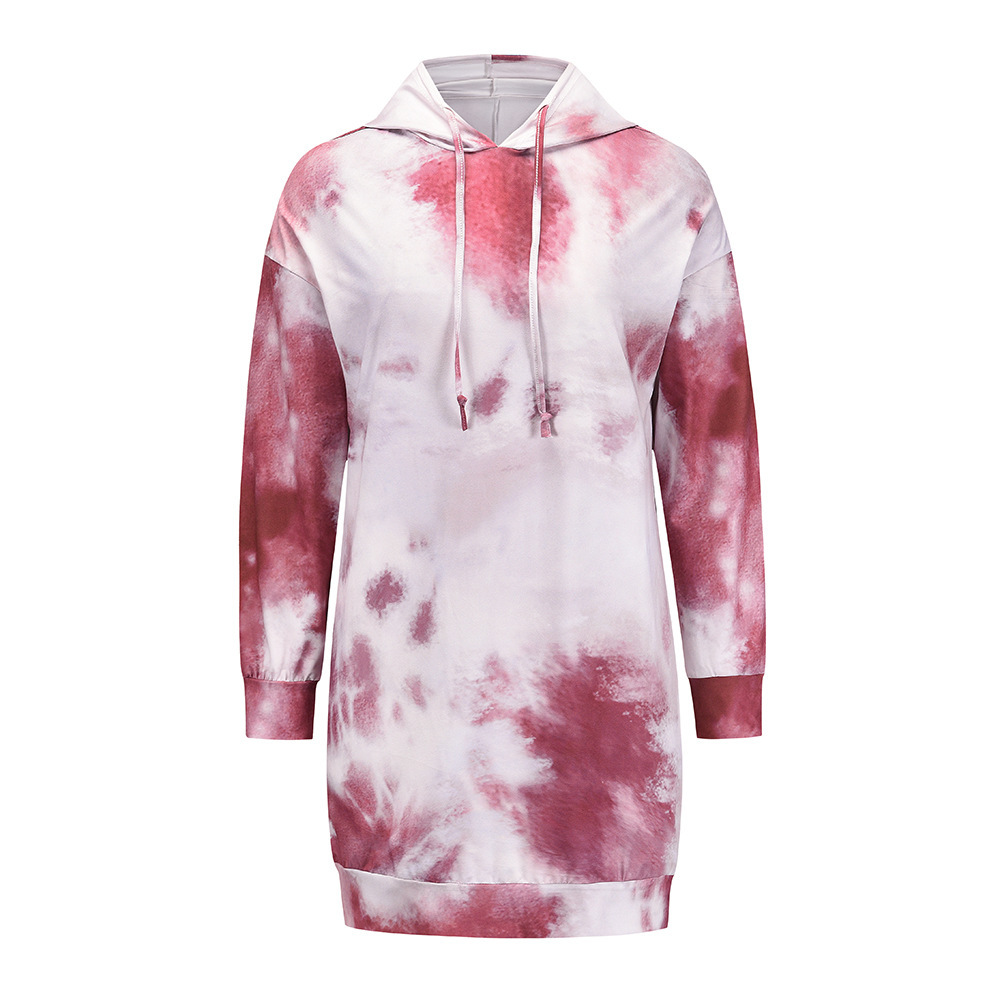 Tie Dyed Printed Long Sleeved Sweater Hooded Pullover Dress F01F639