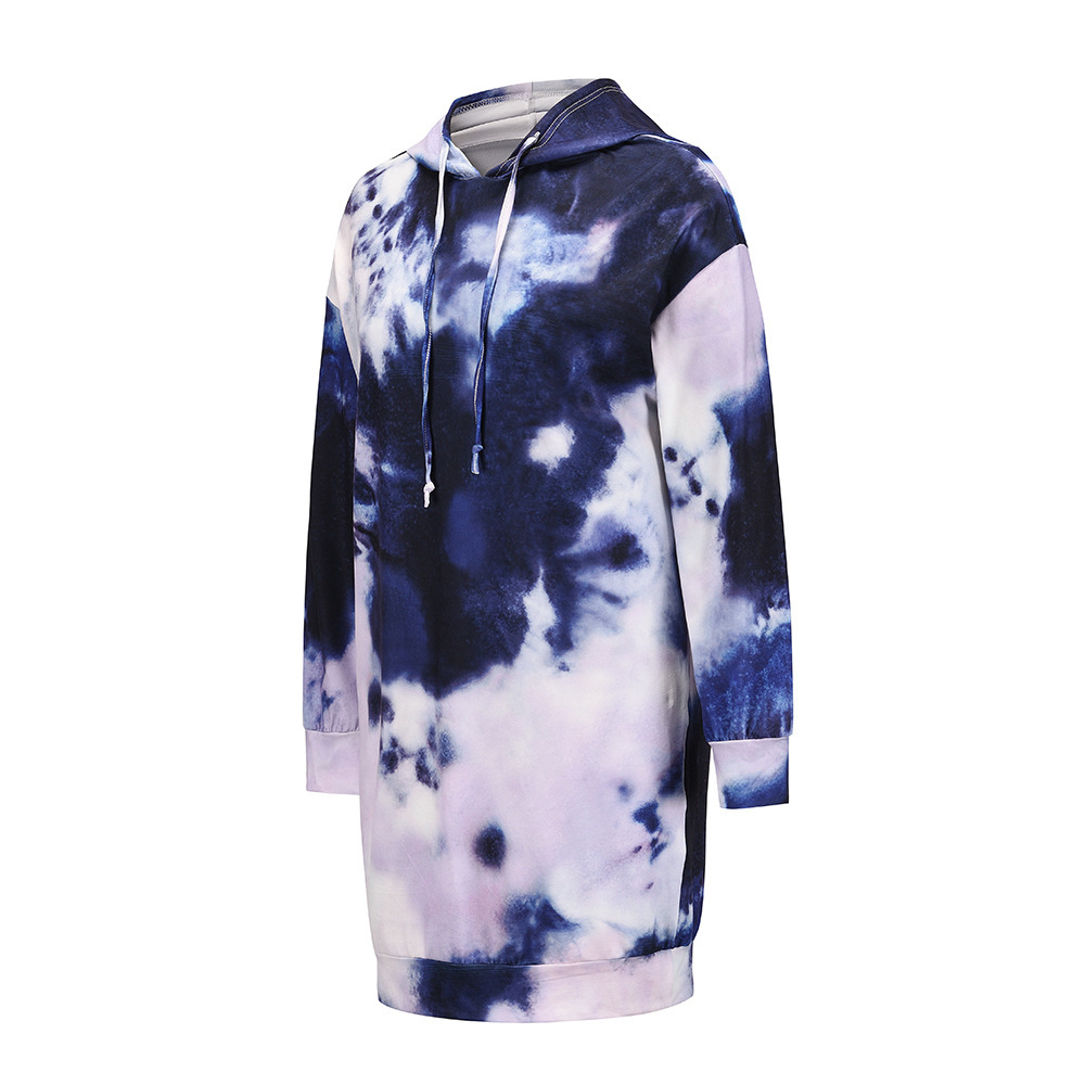 Tie Dyed Printed Long Sleeved Sweater Hooded Pullover Dress F01F639