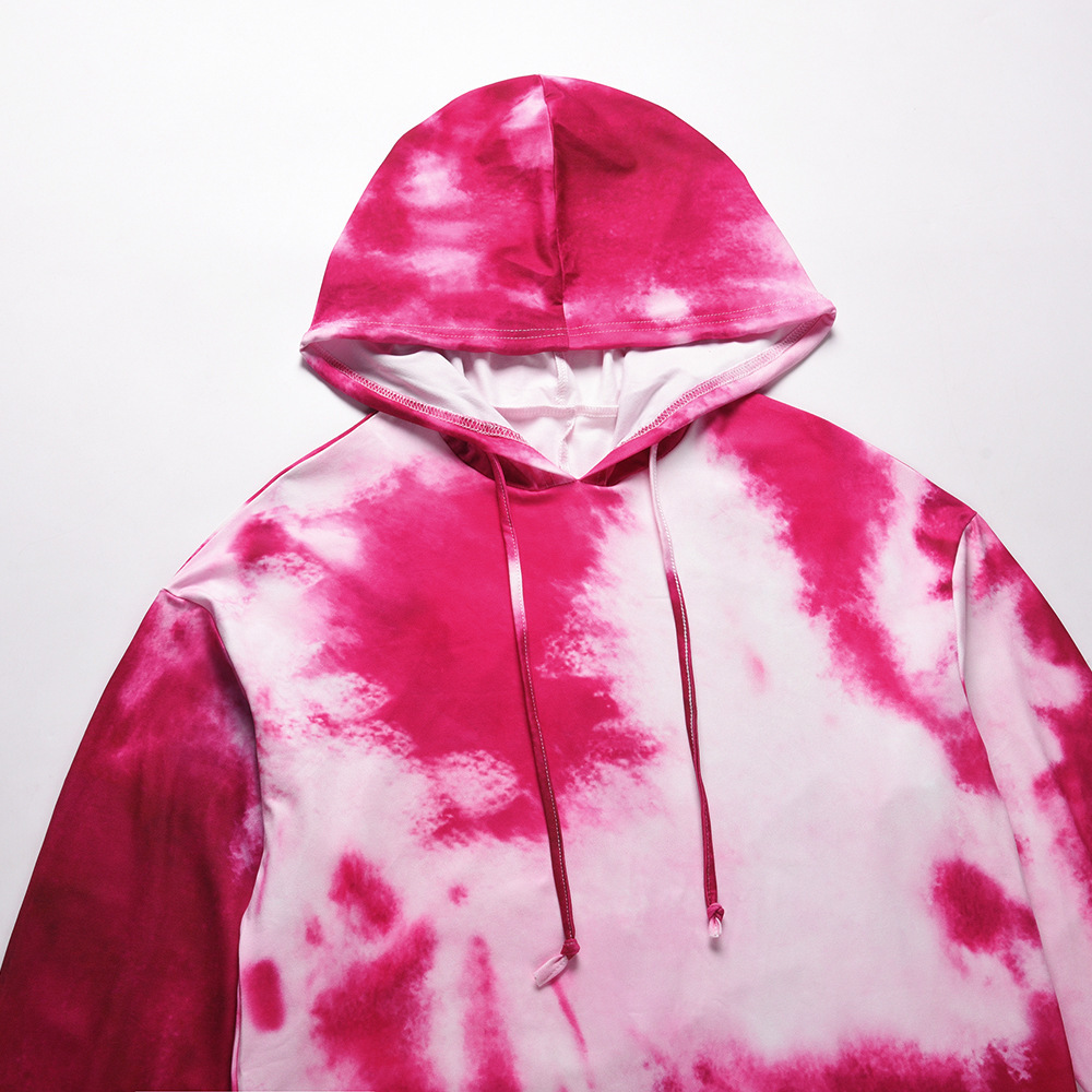 Tie Dyed Printed Long Sleeved Sweater Hooded Pullover Dress F01F639