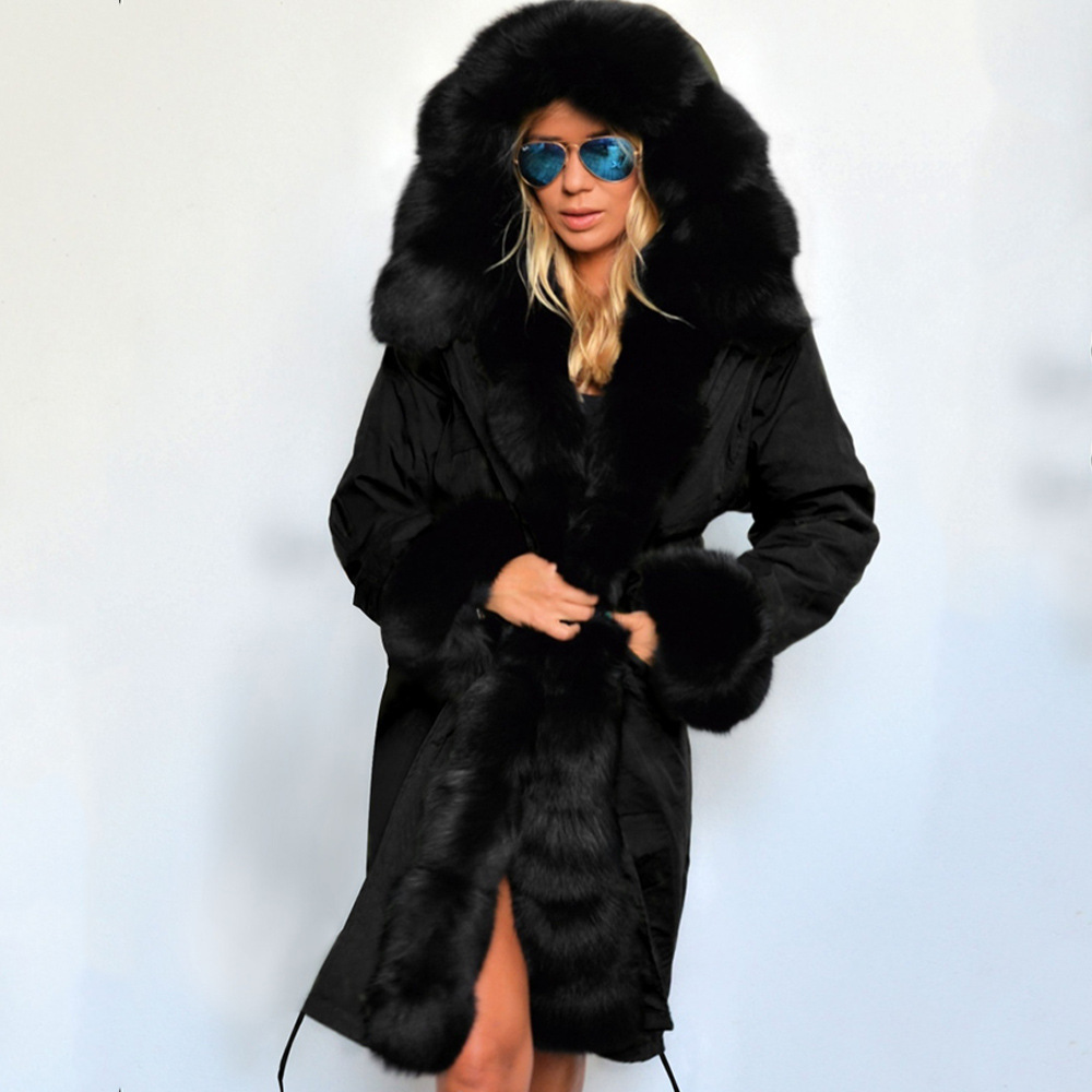Plush Warm Thickened Medium Length Cotton Coat Wool Collar Coat Large Winter Coat C05001