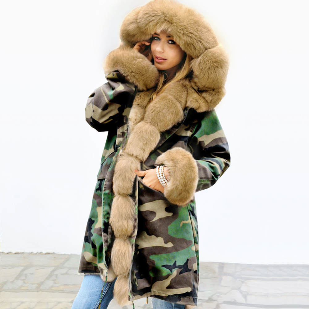 Plush Warm Thickened Medium Length Cotton Coat Wool Collar Coat Large Winter Coat C05001