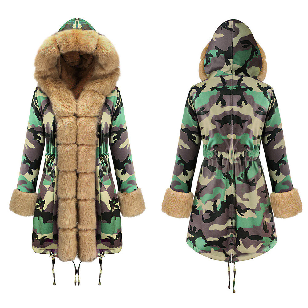 Plush Warm Thickened Medium Length Cotton Coat Wool Collar Coat Large Winter Coat C05001