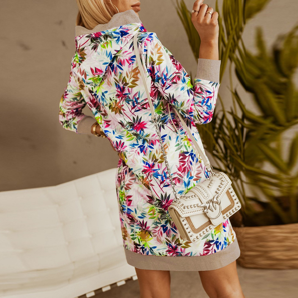 Casual Sweater Loose Long Sleeve Hooded Print Contrast Dress F01F638