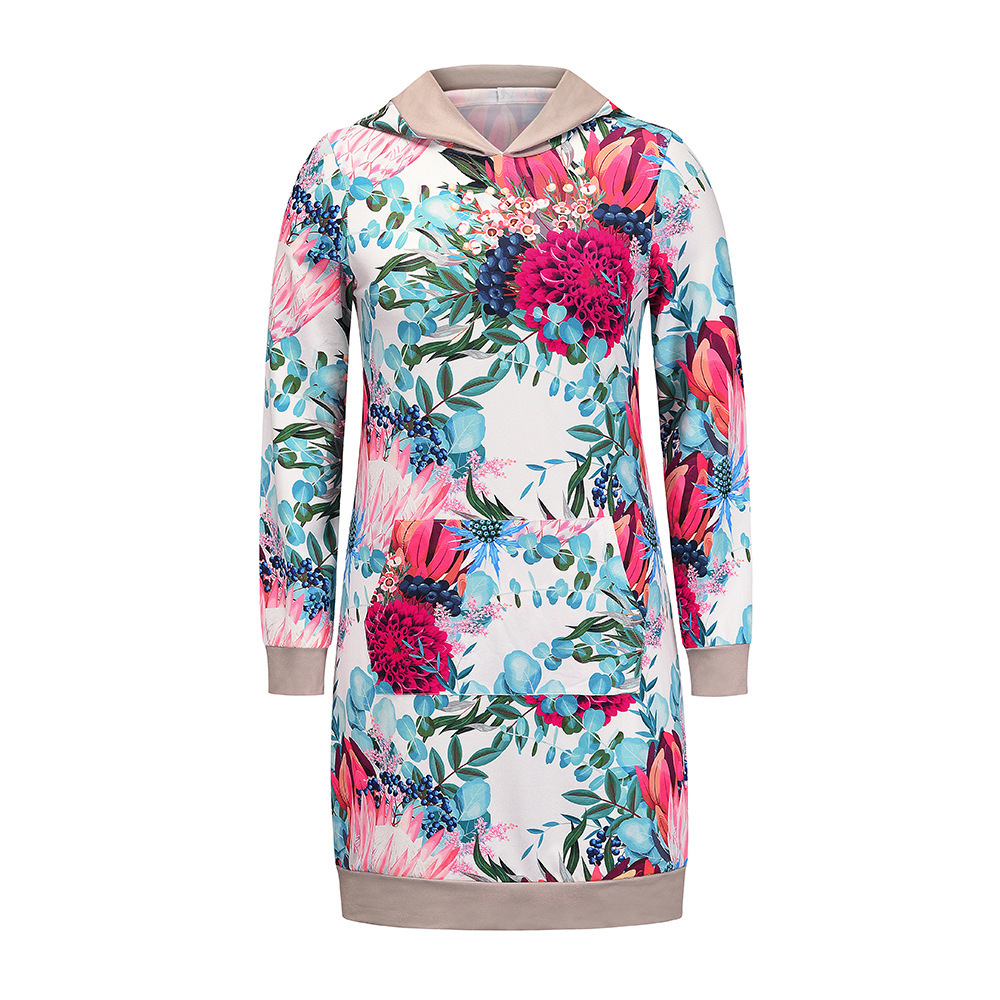 Casual Sweater Loose Long Sleeve Hooded Print Contrast Dress F01F638