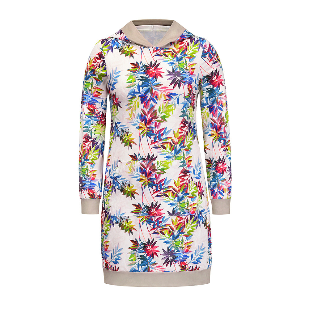 Casual Sweater Loose Long Sleeve Hooded Print Contrast Dress F01F638