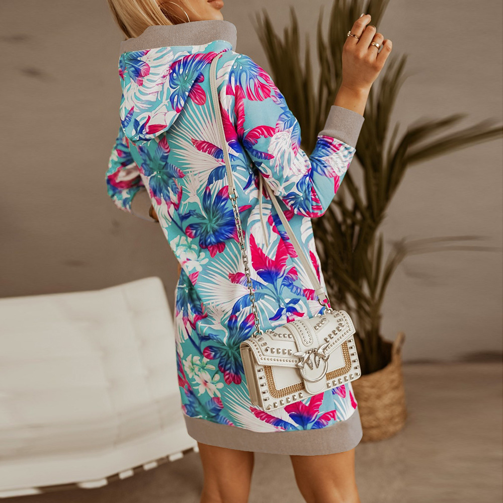 Casual Sweater Loose Long Sleeve Hooded Print Contrast Dress F01F638
