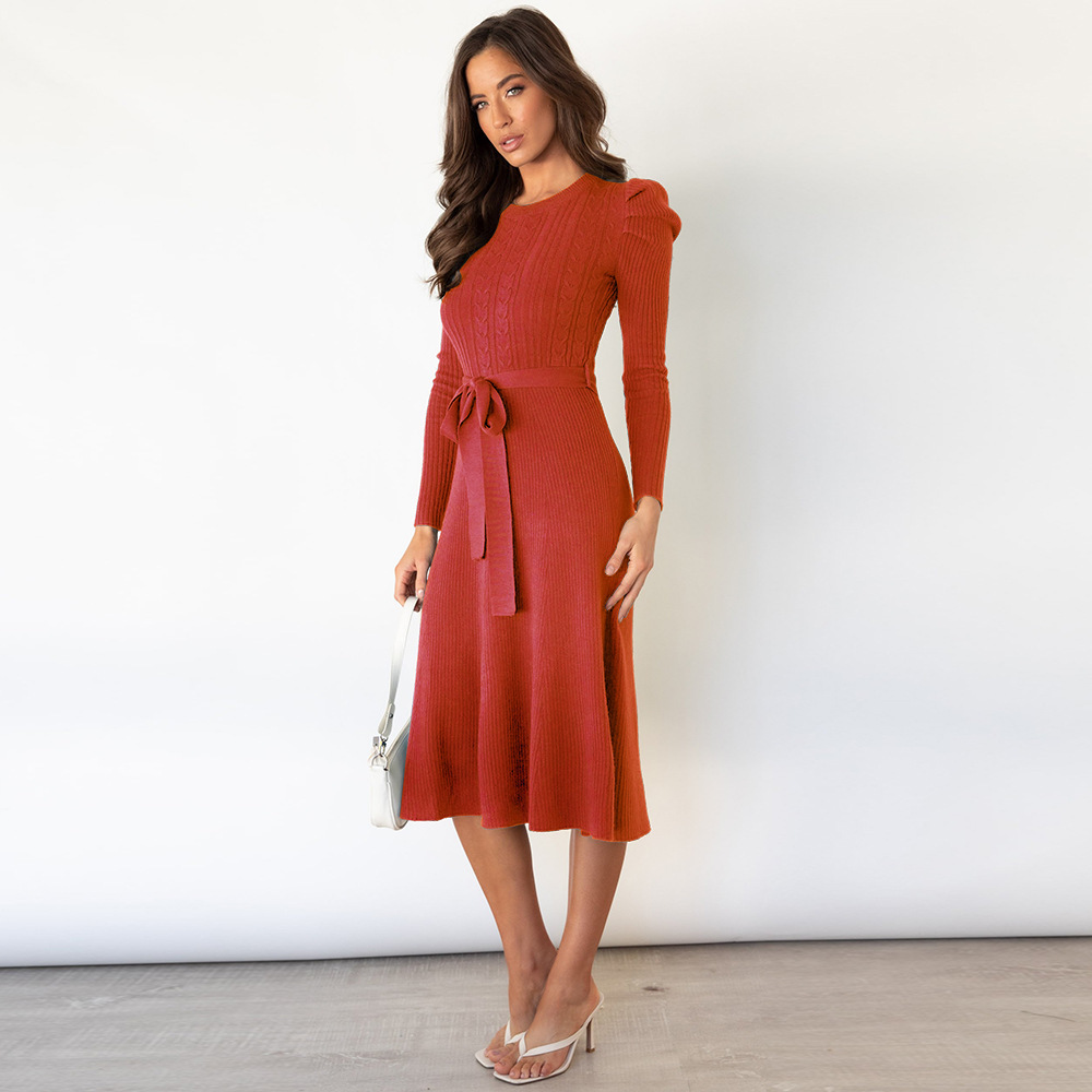 Bubble Long Sleeved Knitted Skirt Medium Long Temperament Thin High Waist Big Swing Dress Bottomed Wool Dress F01F637