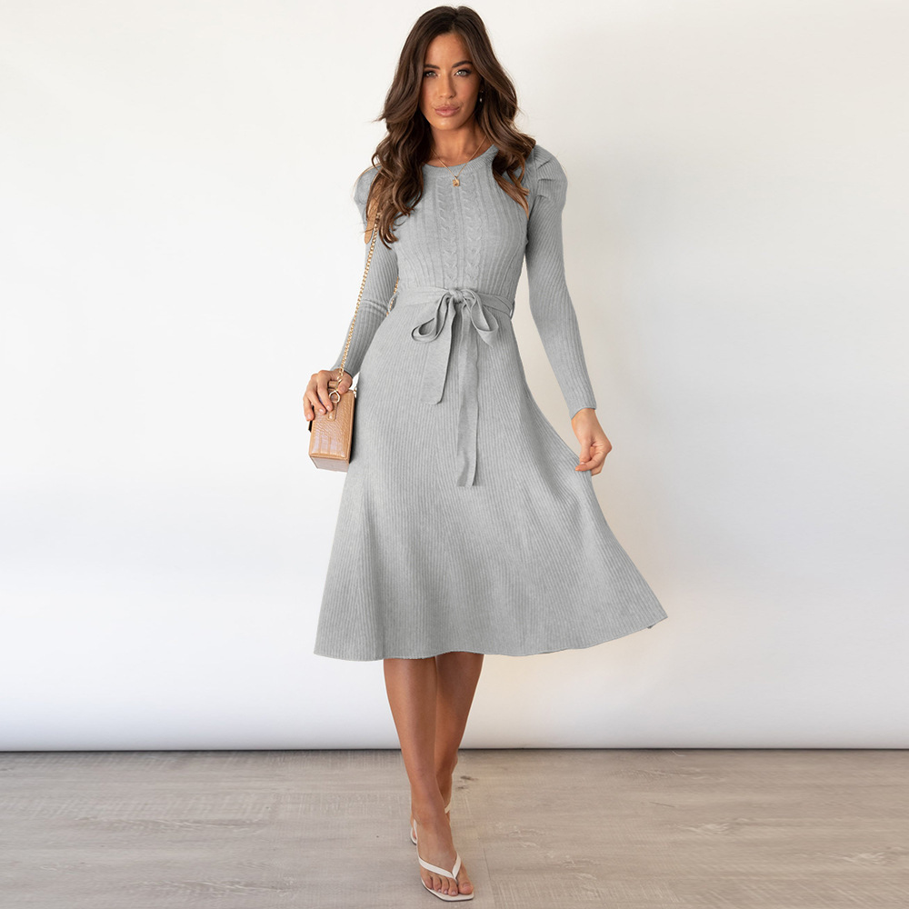 Bubble Long Sleeved Knitted Skirt Medium Long Temperament Thin High Waist Big Swing Dress Bottomed Wool Dress F01F637