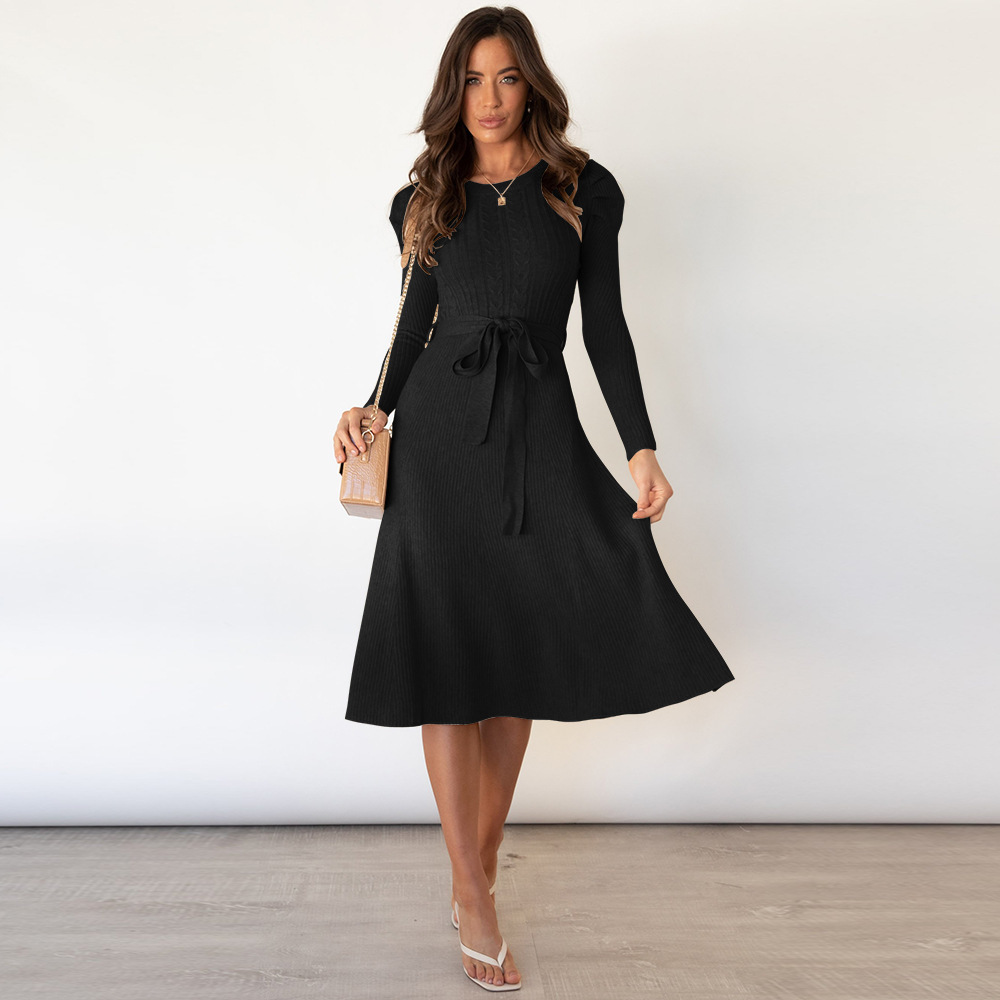 Bubble Long Sleeved Knitted Skirt Medium Long Temperament Thin High Waist Big Swing Dress Bottomed Wool Dress F01F637