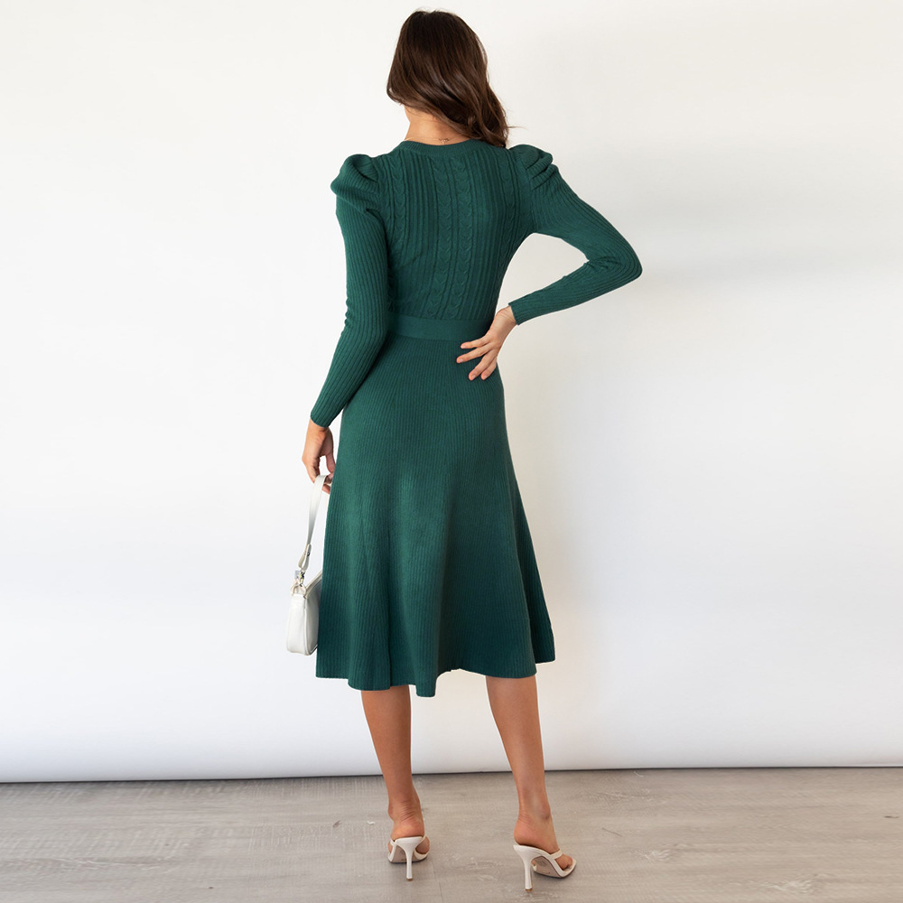 Bubble Long Sleeved Knitted Skirt Medium Long Temperament Thin High Waist Big Swing Dress Bottomed Wool Dress F01F637