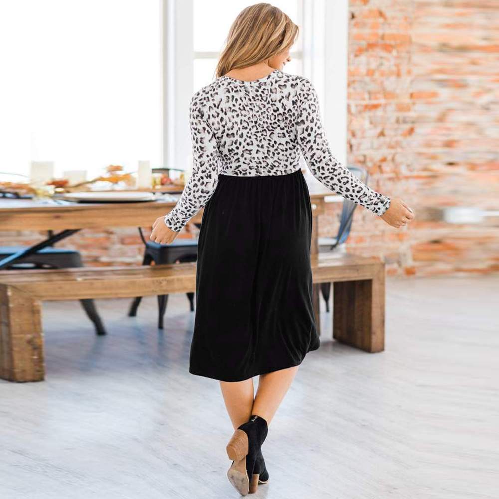 Leopard Stitching Long Sleeve Knitted Skirt Slim Lace Up Large Women's Skirt Dress F01F636