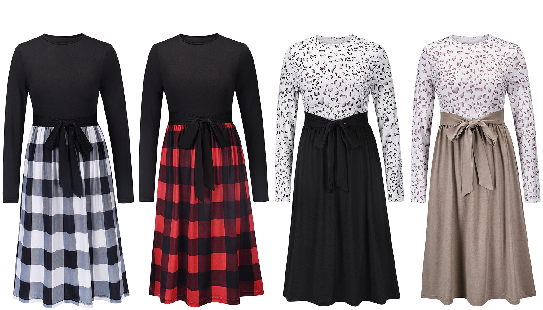 Leopard Stitching Long Sleeve Knitted Skirt Slim Lace Up Large Women's Skirt Dress F01F636