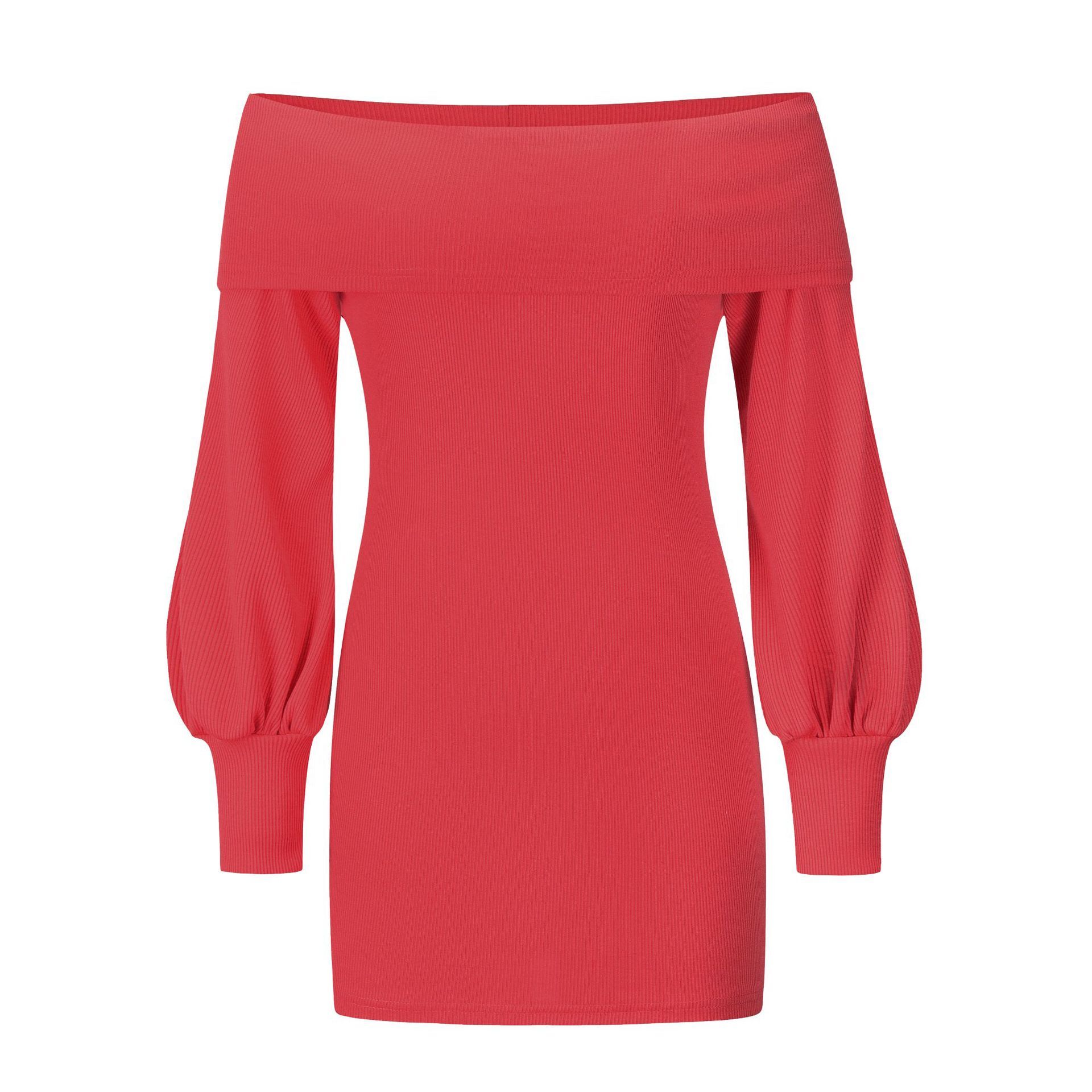 Sexy Hip Wrap Knit Skirt Off Shoulder Lantern Sleeve Dress New Rib Dress In Autumn And Winter F01F633