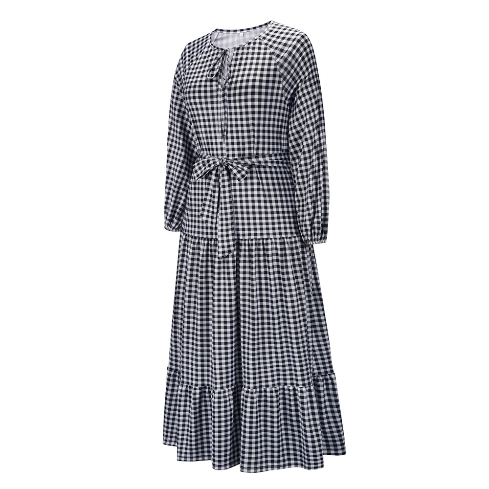 Slim Loose Check Print Long Sleeve Dress Autumn And Winter 2021 New French Waist Closing Mid Length F01F631