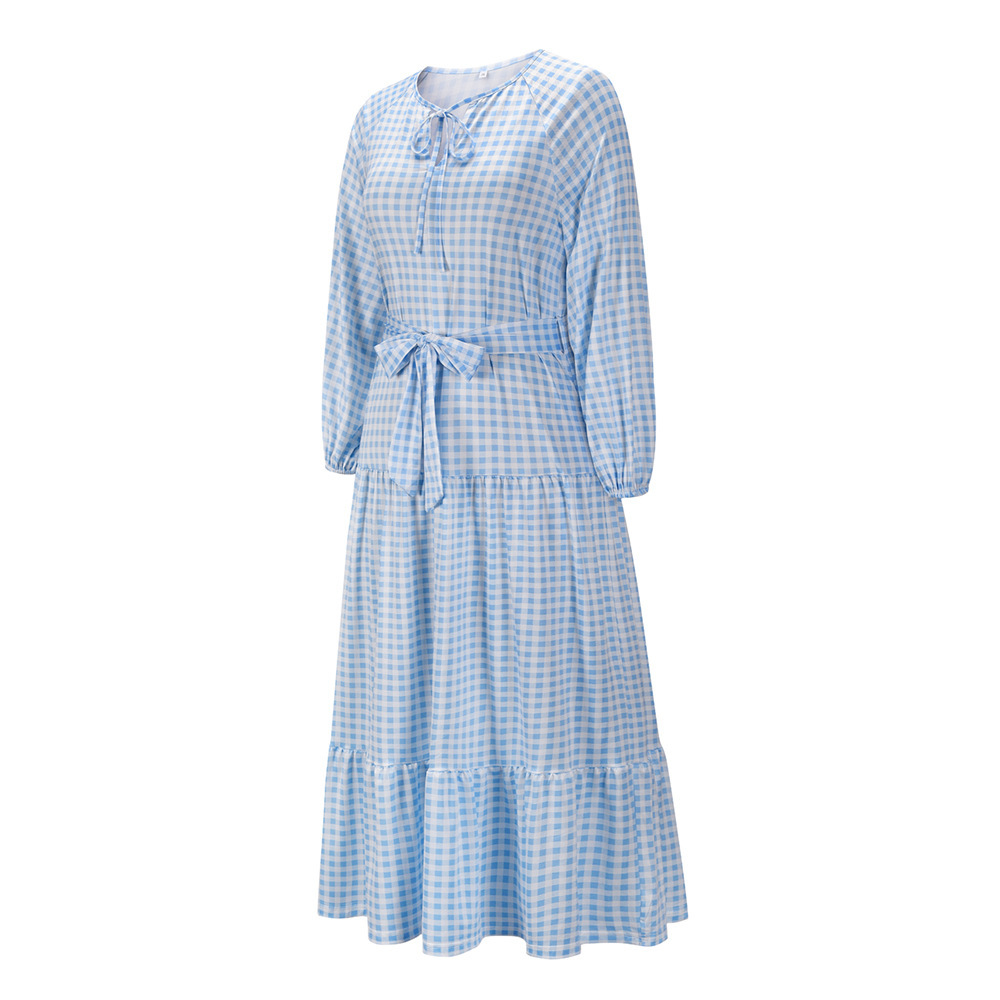 Slim Loose Check Print Long Sleeve Dress Autumn And Winter 2021 New French Waist Closing Mid Length F01F631