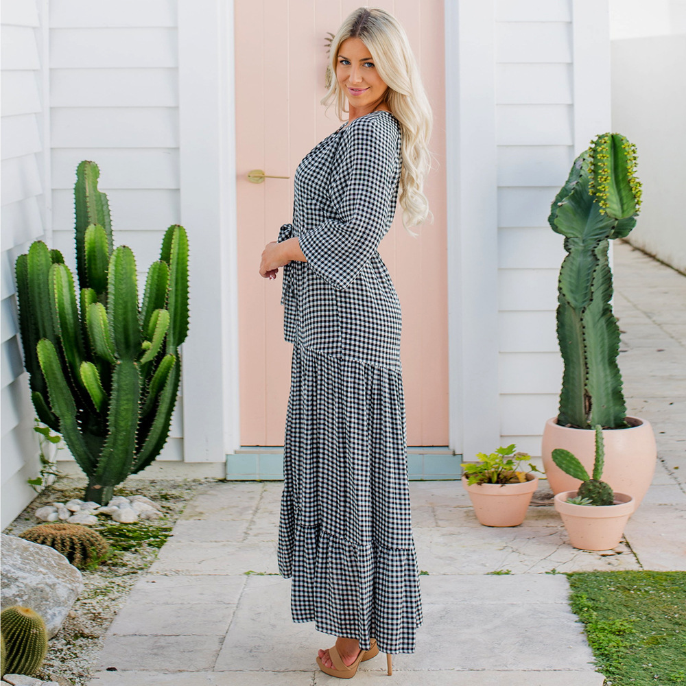 Slim Loose Check Print Long Sleeve Dress Autumn And Winter 2021 New French Waist Closing Mid Length F01F631