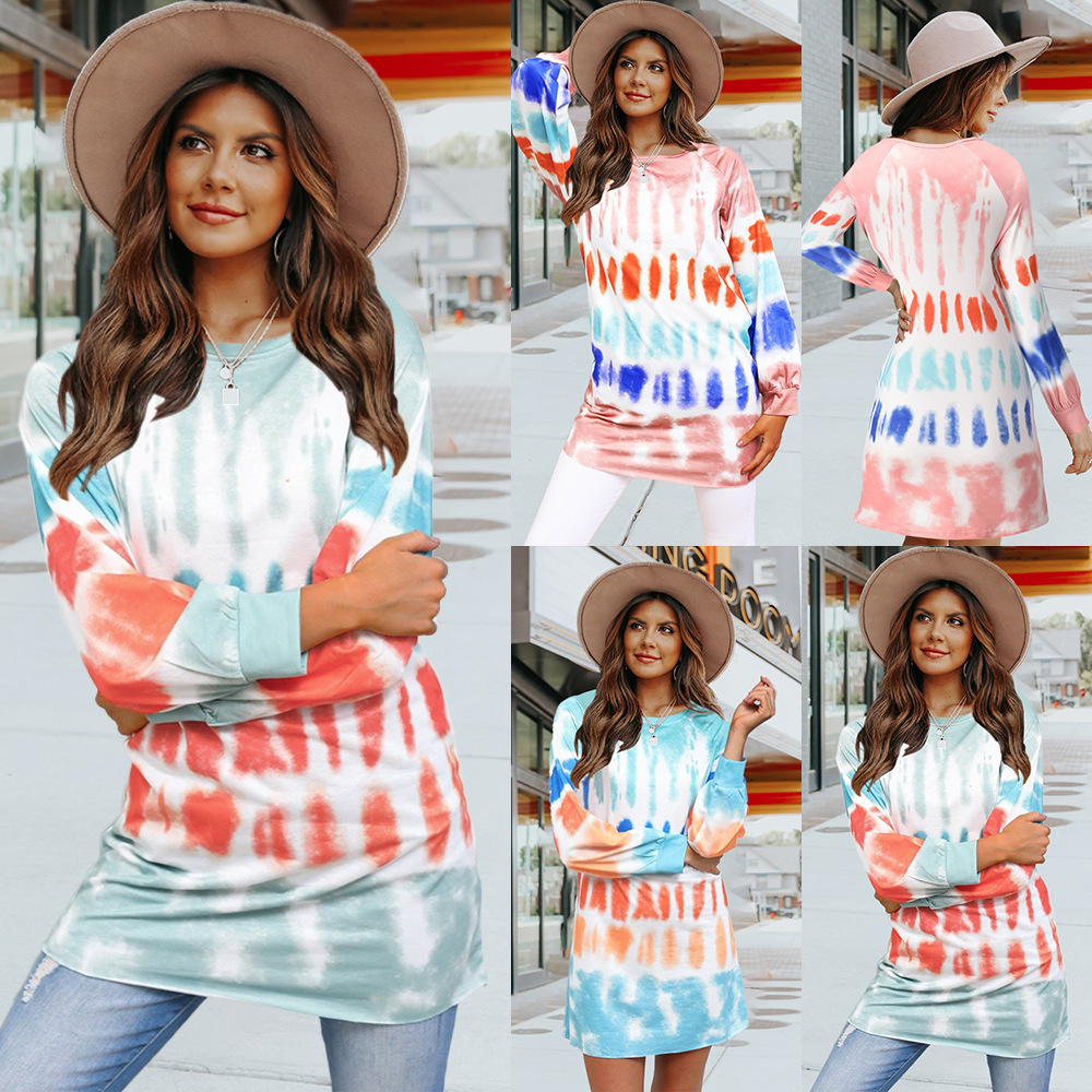 Casual Loose Round Neck Long Sleeve Tie Dyed Print Medium Long Sweater Dress Temperament Skirt F01F629