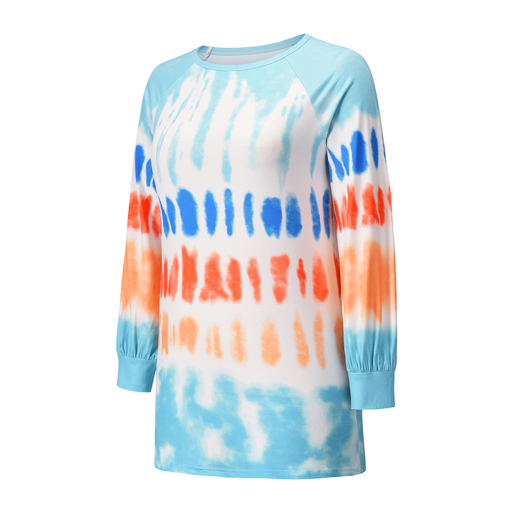 Casual Loose Round Neck Long Sleeve Tie Dyed Print Medium Long Sweater Dress Temperament Skirt F01F629