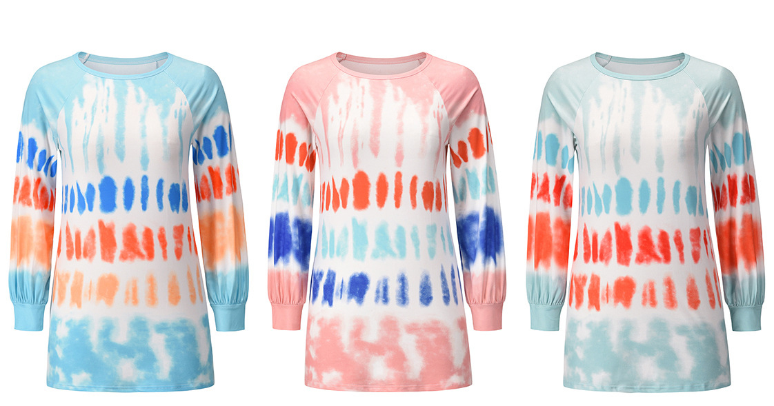 Casual Loose Round Neck Long Sleeve Tie Dyed Print Medium Long Sweater Dress Temperament Skirt F01F629