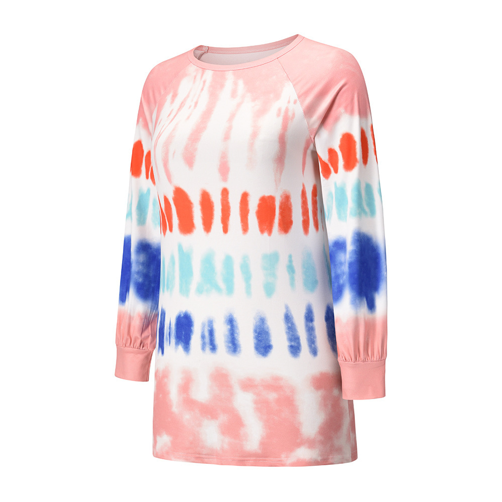 Casual Loose Round Neck Long Sleeve Tie Dyed Print Medium Long Sweater Dress Temperament Skirt F01F629