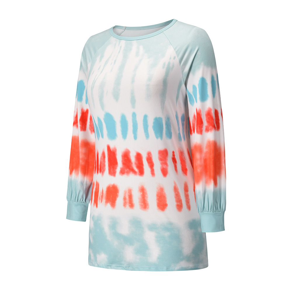 Casual Loose Round Neck Long Sleeve Tie Dyed Print Medium Long Sweater Dress Temperament Skirt F01F629