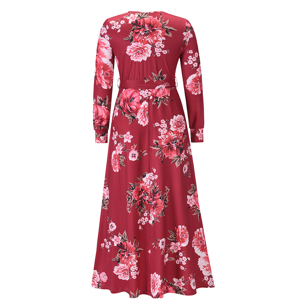 2021 Autumn Winter Women's Large V-Neck Long Sleeve Floral Knitted Dress Long Skirt F01F626
