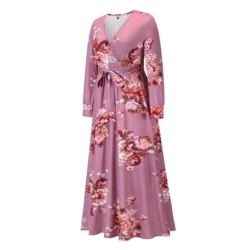 2021 Autumn Winter Women's Large V-Neck Long Sleeve Floral Knitted Dress Long Skirt F01F626
