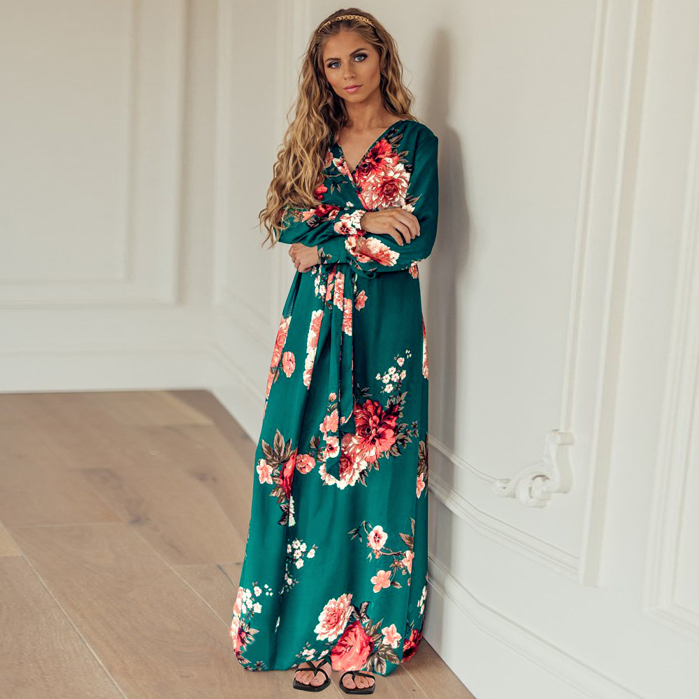 2021 Autumn Winter Women's Large V-Neck Long Sleeve Floral Knitted Dress Long Skirt F01F626