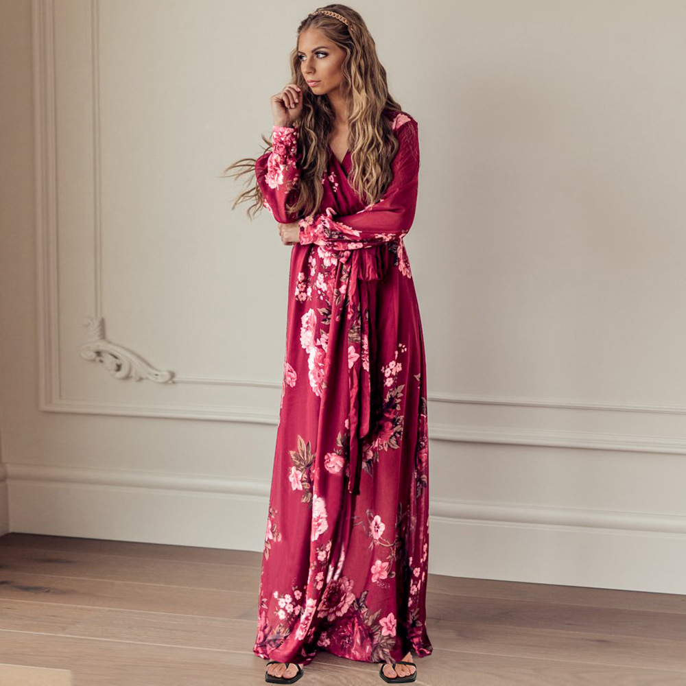2021 Autumn Winter Women's Large V-Neck Long Sleeve Floral Knitted Dress Long Skirt F01F626