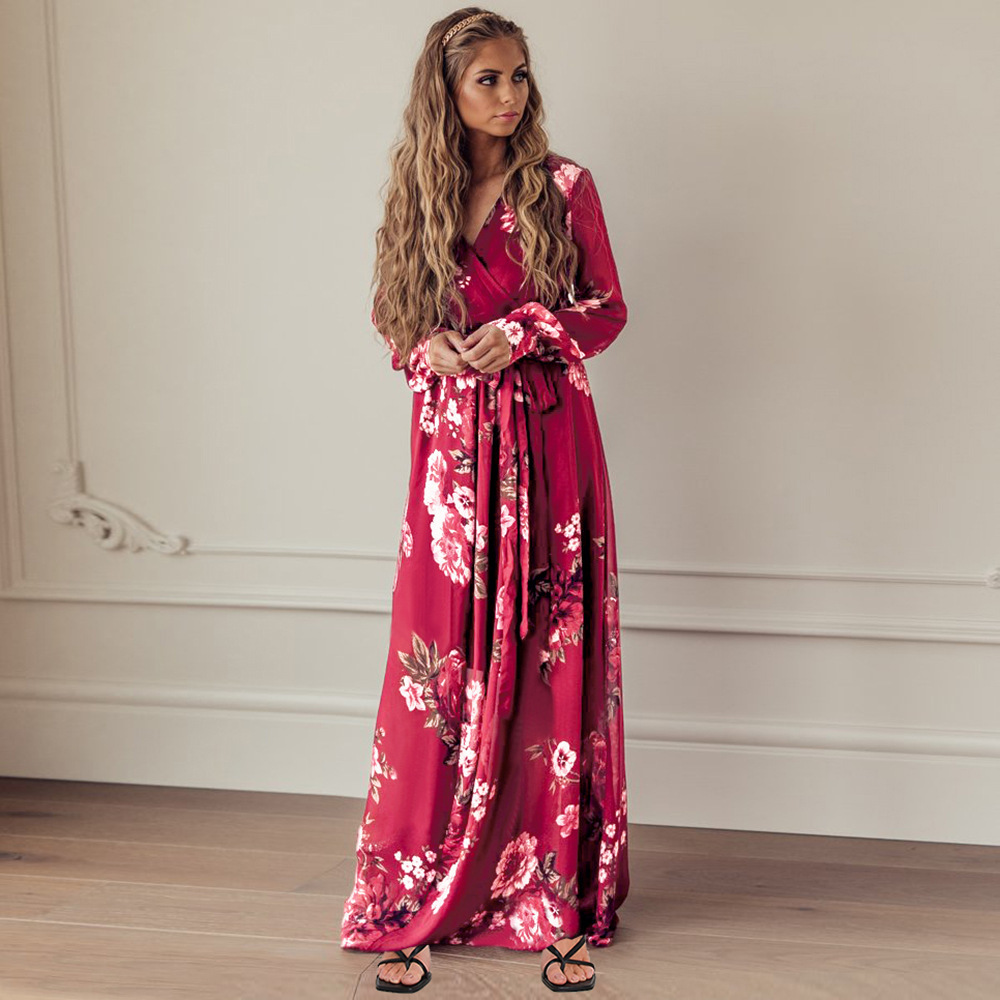 2021 Autumn Winter Women's Large V-Neck Long Sleeve Floral Knitted Dress Long Skirt F01F626