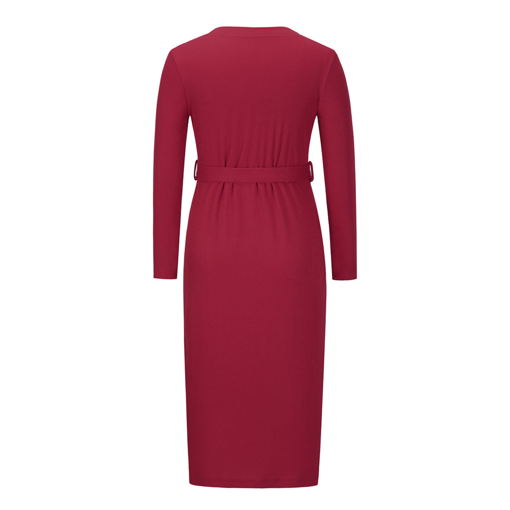Long Waist Knit Skirt 2021 Women's Long Sleeve Slim V-neck Single Breasted Dress F01F624