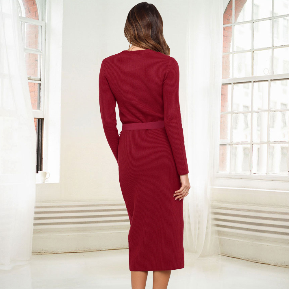 Long Waist Knit Skirt 2021 Women's Long Sleeve Slim V-neck Single Breasted Dress F01F624