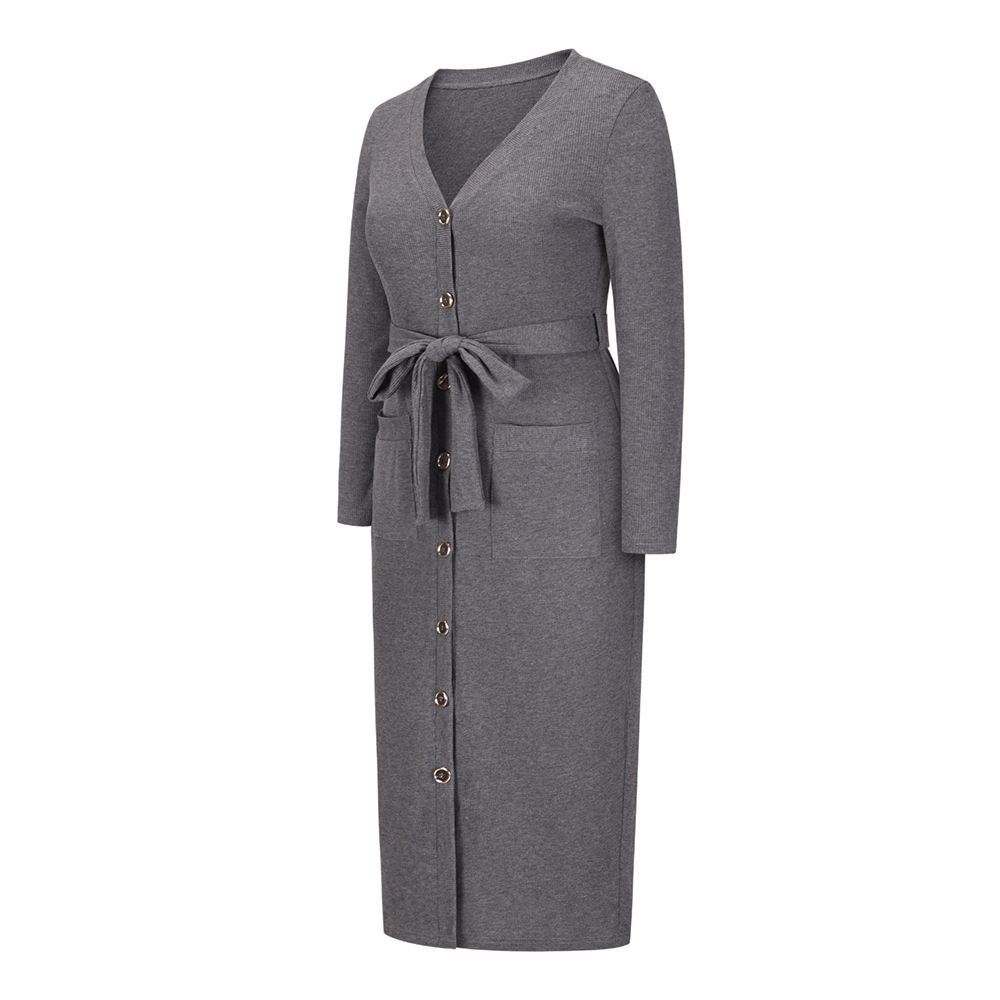 Long Waist Knit Skirt 2021 Women's Long Sleeve Slim V-neck Single Breasted Dress F01F624