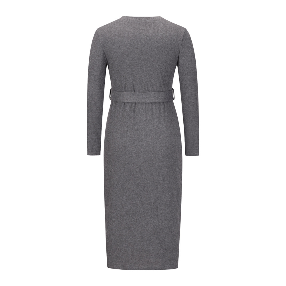 Long Waist Knit Skirt 2021 Women's Long Sleeve Slim V-neck Single Breasted Dress F01F624