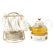 Floral Tea Set Flower Tea Cup Glass Tea Set With Tea Warmer and Tea Infuser